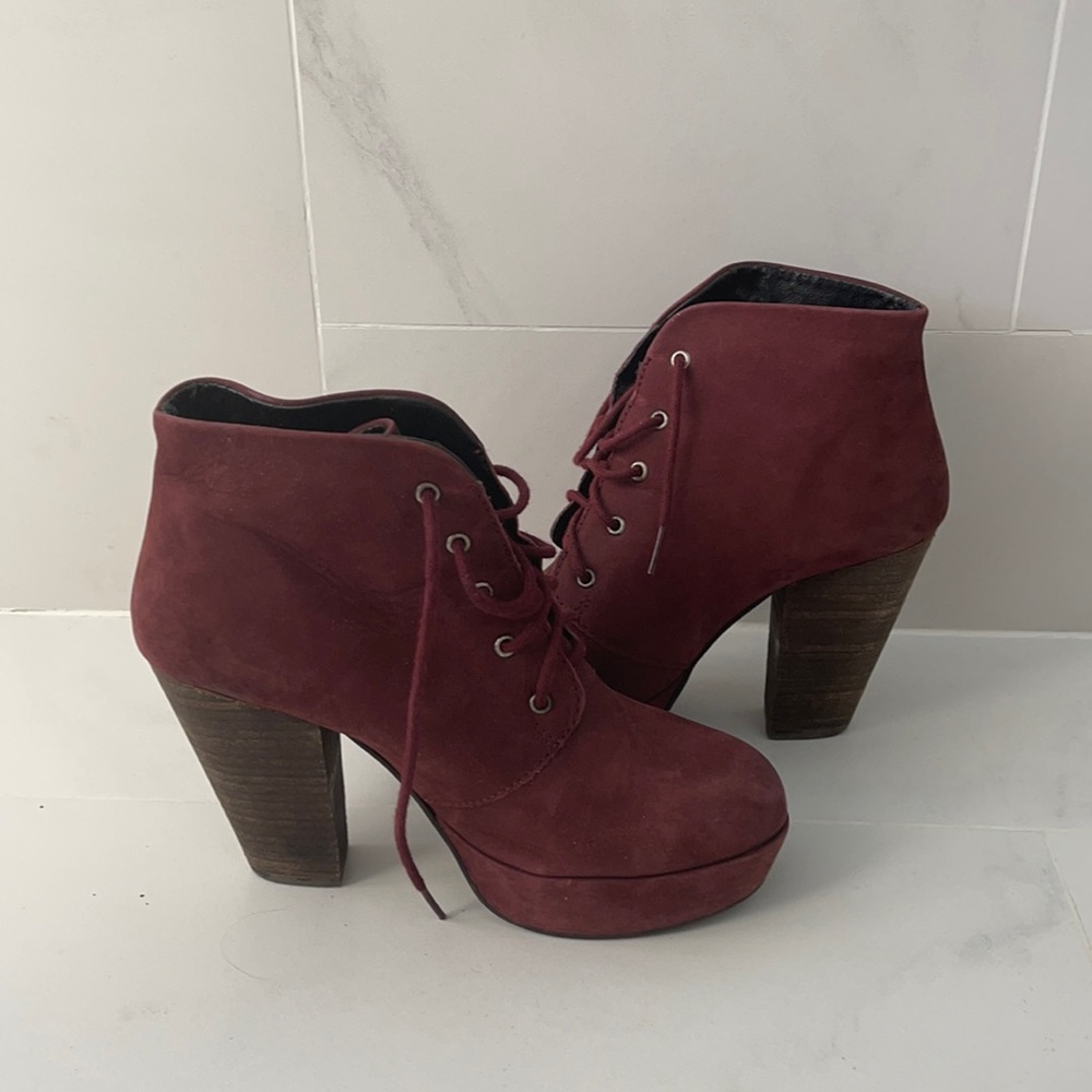 Burgundy closed-toe lace up heels